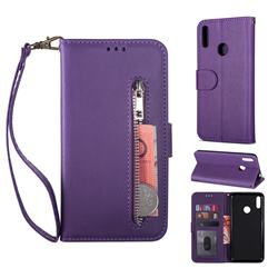 Retro Calfskin Zipper Leather Wallet Case Cover for Huawei Y7(2019) / Y7 Prime(2019) / Y7 Pro(2019) - Purple