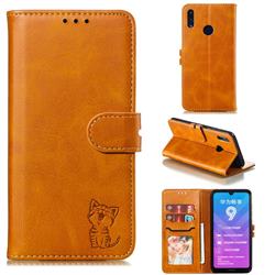 Embossing Happy Cat Leather Wallet Case for Huawei Y7(2019) / Y7 Prime(2019) / Y7 Pro(2019) - Yellow