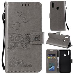Embossing Owl Couple Flower Leather Wallet Case for Huawei Y7(2019) / Y7 Prime(2019) / Y7 Pro(2019) - Gray
