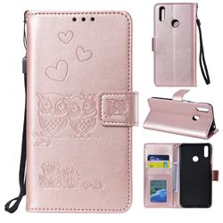 Embossing Owl Couple Flower Leather Wallet Case for Huawei Y7(2019) / Y7 Prime(2019) / Y7 Pro(2019) - Rose Gold