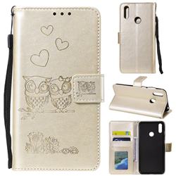 Embossing Owl Couple Flower Leather Wallet Case for Huawei Y7(2019) / Y7 Prime(2019) / Y7 Pro(2019) - Golden