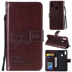 Embossing Owl Couple Flower Leather Wallet Case for Huawei Y7(2019) / Y7 Prime(2019) / Y7 Pro(2019) - Brown