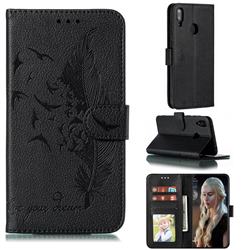 Intricate Embossing Lychee Feather Bird Leather Wallet Case for Huawei Y7(2019) / Y7 Prime(2019) / Y7 Pro(2019) - Black
