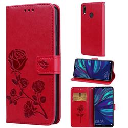 Embossing Rose Flower Leather Wallet Case for Huawei Y7(2019) / Y7 Prime(2019) / Y7 Pro(2019) - Red
