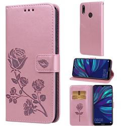 Embossing Rose Flower Leather Wallet Case for Huawei Y7(2019) / Y7 Prime(2019) / Y7 Pro(2019) - Rose Gold