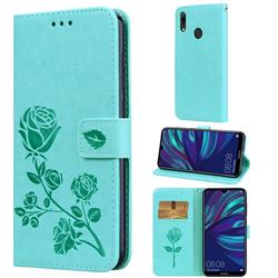 Embossing Rose Flower Leather Wallet Case for Huawei Y7(2019) / Y7 Prime(2019) / Y7 Pro(2019) - Green