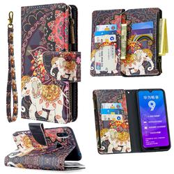 Totem Flower Elephant Binfen Color BF03 Retro Zipper Leather Wallet Phone Case for Huawei Y7(2019) / Y7 Prime(2019) / Y7 Pro(2019)