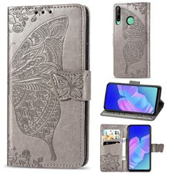 Embossing Mandala Flower Butterfly Leather Wallet Case for Huawei Y7p - Gray
