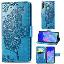 Embossing Mandala Flower Butterfly Leather Wallet Case for Huawei Y7p - Blue