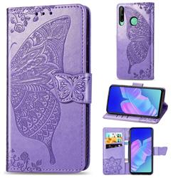 Embossing Mandala Flower Butterfly Leather Wallet Case for Huawei Y7p - Light Purple