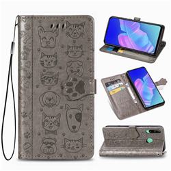 Embossing Dog Paw Kitten and Puppy Leather Wallet Case for Huawei Y7p - Gray