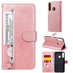 Retro Luxury Zipper Leather Phone Wallet Case for Huawei Y7p - Pink