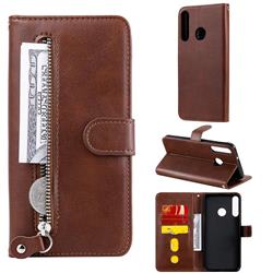 Retro Luxury Zipper Leather Phone Wallet Case for Huawei Y7p - Brown