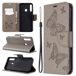Embossing Double Butterfly Leather Wallet Case for Huawei Y7p - Gray