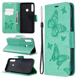 Embossing Double Butterfly Leather Wallet Case for Huawei Y7p - Green