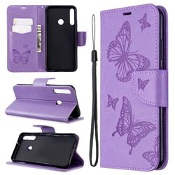 Embossing Double Butterfly Leather Wallet Case for Huawei Y7p - Purple
