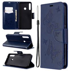 Embossing Double Butterfly Leather Wallet Case for Huawei Y7p - Dark Blue