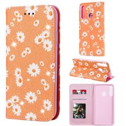Ultra Slim Daisy Sparkle Glitter Powder Magnetic Leather Wallet Case for Huawei Y7p - Orange