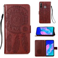 Embossing Dream Catcher Mandala Flower Leather Wallet Case for Huawei Y7p - Brown