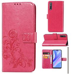 Embossing Imprint Four-Leaf Clover Leather Wallet Case for Huawei Y8p - Rose Red
