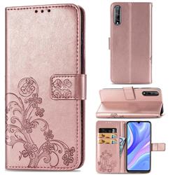 Embossing Imprint Four-Leaf Clover Leather Wallet Case for Huawei Y8p - Rose Gold