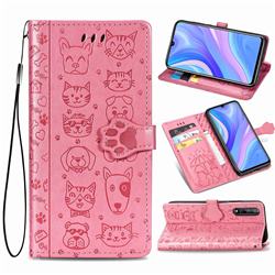 Embossing Dog Paw Kitten and Puppy Leather Wallet Case for Huawei Y8p - Pink