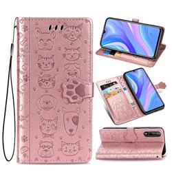 Embossing Dog Paw Kitten and Puppy Leather Wallet Case for Huawei Y8p - Rose Gold