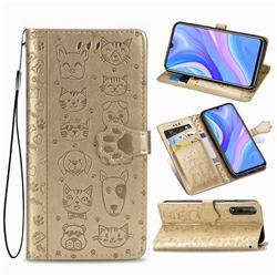 Embossing Dog Paw Kitten and Puppy Leather Wallet Case for Huawei Y8p - Champagne Gold