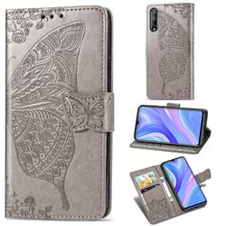 Embossing Mandala Flower Butterfly Leather Wallet Case for Huawei Y8p - Gray