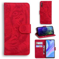 Intricate Embossing Tiger Face Leather Wallet Case for Huawei Y8p - Red