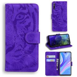 Intricate Embossing Tiger Face Leather Wallet Case for Huawei Y8p - Purple