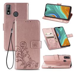 Embossing Imprint Four-Leaf Clover Leather Wallet Case for Huawei Y8s - Rose Gold
