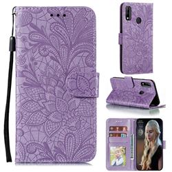 Intricate Embossing Lace Jasmine Flower Leather Wallet Case for Huawei Y8s - Purple
