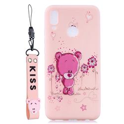 Pink Flower Bear Soft Kiss Candy Hand Strap Silicone Case for Huawei Y9 (2019)