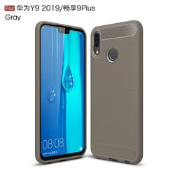 Luxury Carbon Fiber Brushed Wire Drawing Silicone TPU Back Cover for Huawei Y9 (2019) - Gray