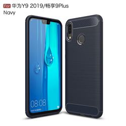 Luxury Carbon Fiber Brushed Wire Drawing Silicone TPU Back Cover for Huawei Y9 (2019) - Navy