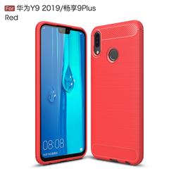 Luxury Carbon Fiber Brushed Wire Drawing Silicone TPU Back Cover for Huawei Y9 (2019) - Red