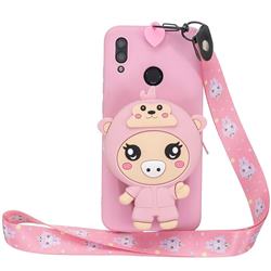 Pink Pig Neck Lanyard Zipper Wallet Silicone Case for Huawei Y9 (2019)