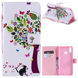 Cat and Tree PU Leather Wallet Case for Huawei Y9 (2019)