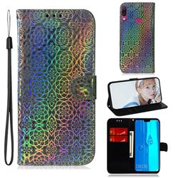 Laser Circle Shining Leather Wallet Phone Case for Huawei Y9 (2019) - Silver