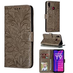 Intricate Embossing Lace Jasmine Flower Leather Wallet Case for Huawei Y9 (2019) - Gray