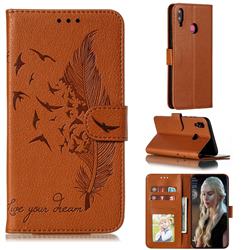 Intricate Embossing Lychee Feather Bird Leather Wallet Case for Huawei Y9 (2019) - Brown