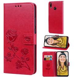 Embossing Rose Flower Leather Wallet Case for Huawei Y9 (2019) - Red