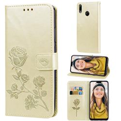 Embossing Rose Flower Leather Wallet Case for Huawei Y9 (2019) - Golden