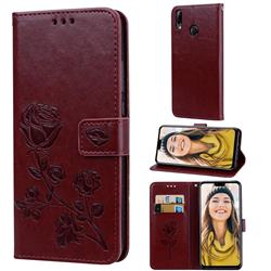 Embossing Rose Flower Leather Wallet Case for Huawei Y9 (2019) - Brown