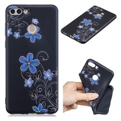 Little Blue Flowers 3D Embossed Relief Black TPU Cell Phone Back Cover for Huawei Y9 (2018)
