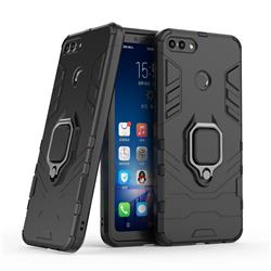 Black Panther Armor Metal Ring Grip Shockproof Dual Layer Rugged Hard Cover for Huawei Y9 (2018) - Black