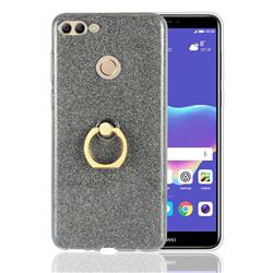 Luxury Soft TPU Glitter Back Ring Cover with 360 Rotate Finger Holder Buckle for Huawei Y9 (2018) - Black