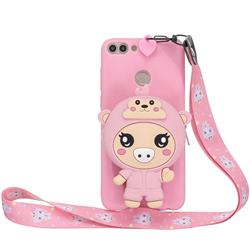 Pink Pig Neck Lanyard Zipper Wallet Silicone Case for Huawei Y9 (2018)