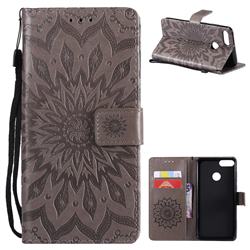 Embossing Sunflower Leather Wallet Case for Huawei Y9 (2018) - Gray